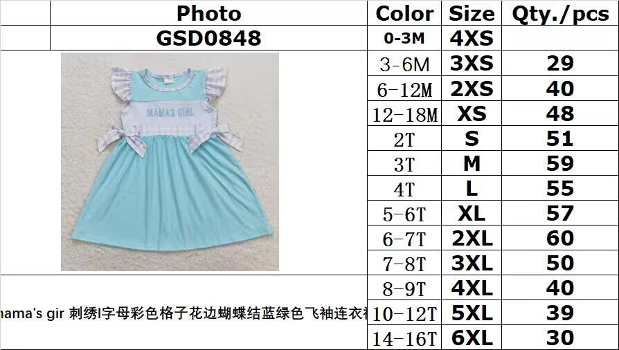 GSD0848 mama's girl embroidered L letter colorful plaid lace bow teal flying sleeve dress