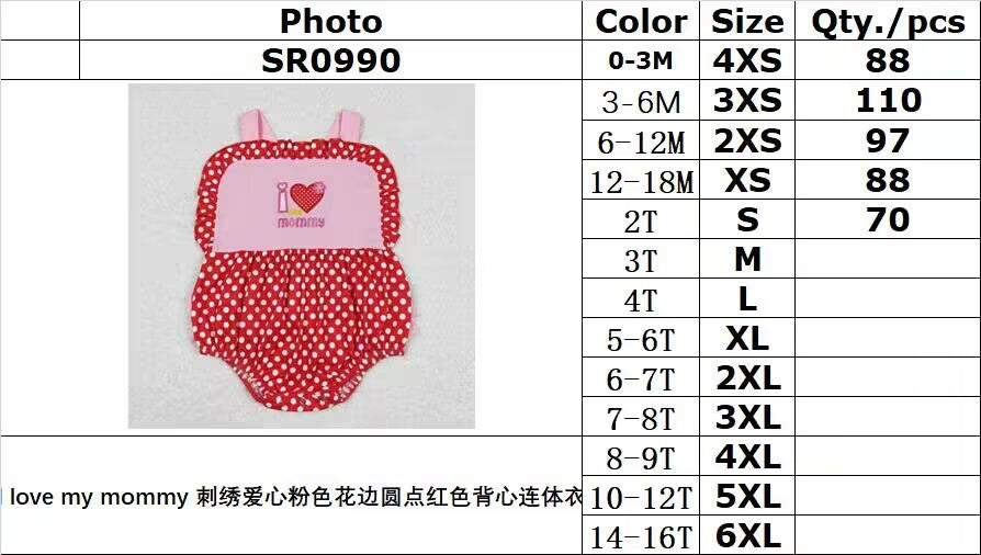 SR0990 I love my mommy embroidered heart pink lace polka dot red vest bodysuit