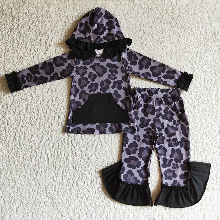 RTS NO MOQ  Baby Girls Lace Leopard Pocket Hooded Pullover Long Sleeve Pants Set