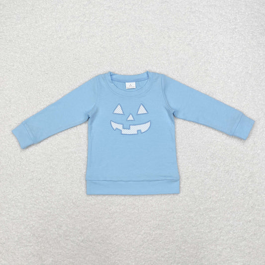 rts no moq BT0832 Embroidered Halloween devil smile blue long-sleeved top