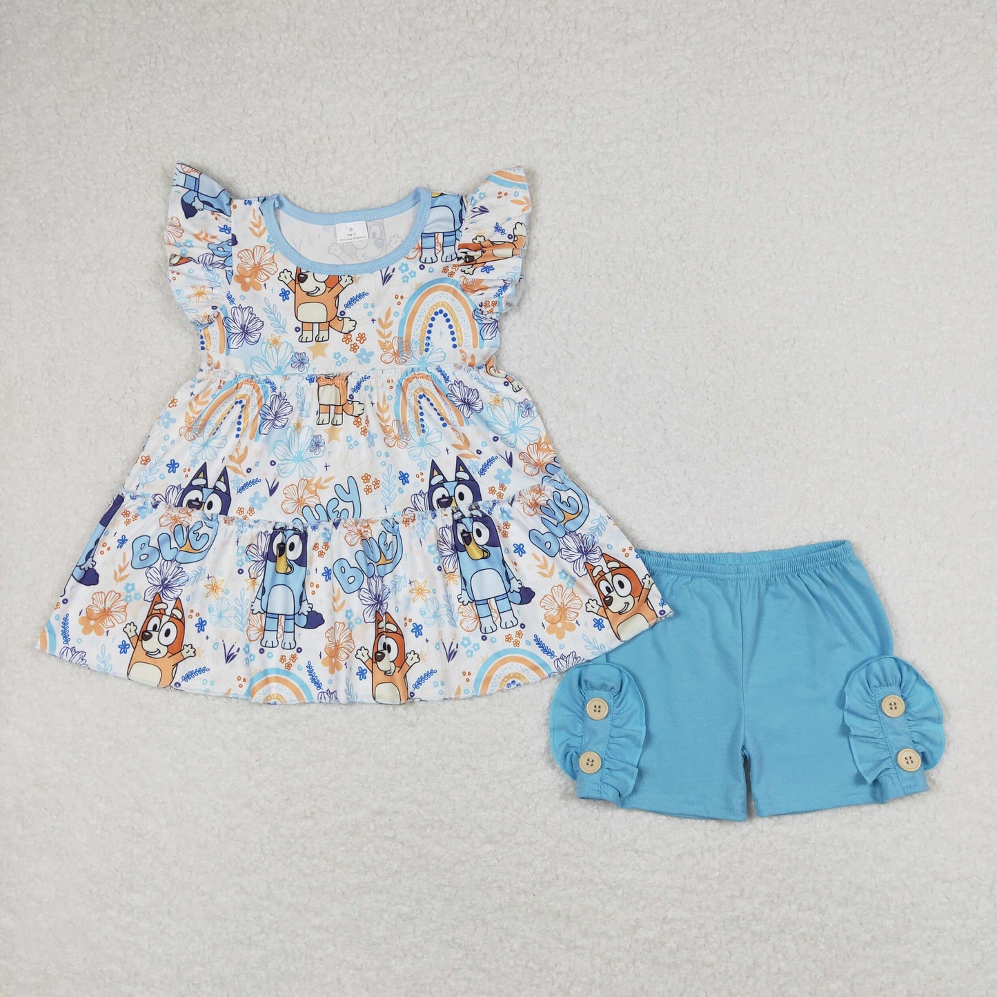 GT0484+SS0191 bluey flower rainbow white flying sleeve top button sky blue lace shorts