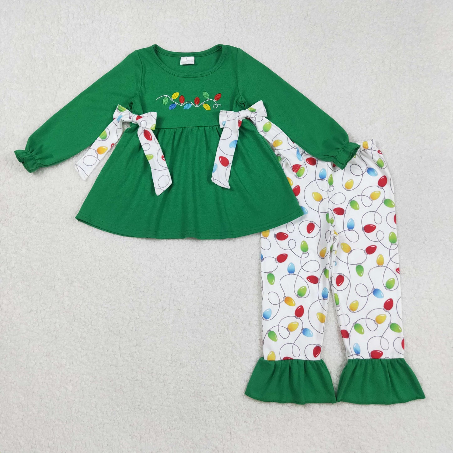 RTS NO MOQ（In Stock) GLP2491 Embroidered Christmas Lights Bow Green Long-Sleeve White Pants Set
