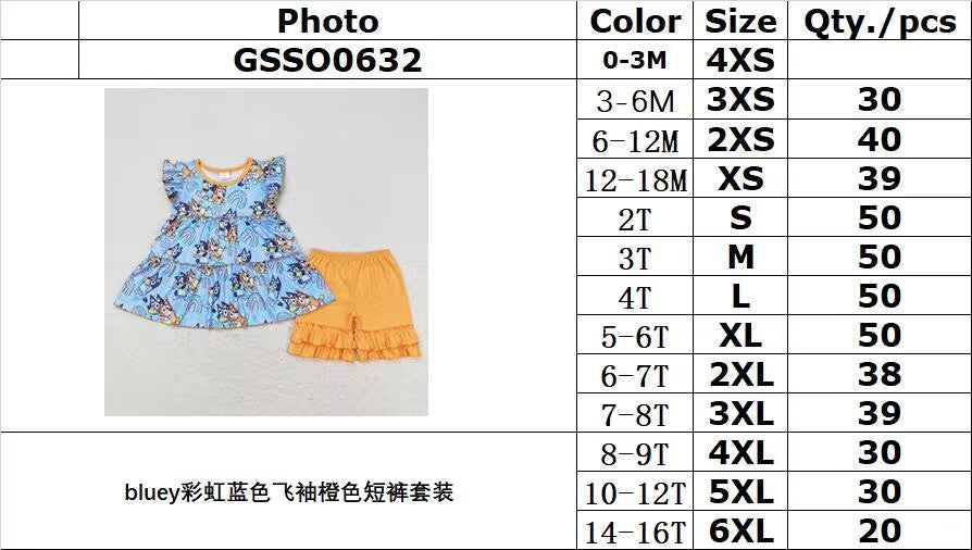 GSSO0632 bluey rainbow blue flying sleeves orange shorts suit