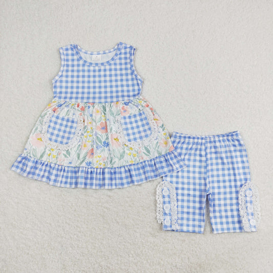 rts no moq GSSO0908 Floral floral blue and white plaid pocket lace sleeveless shorts suit