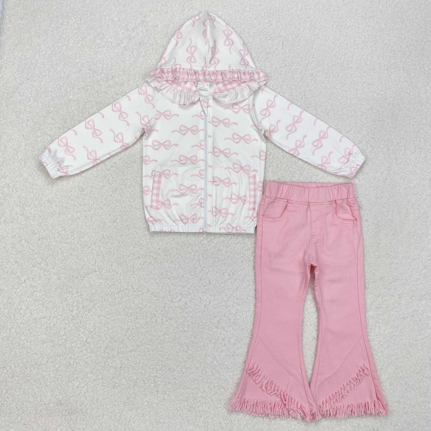 RTS NO MOQ ETA 5/7days arrived GT0873+P0463 Pink and white plaid zip-up hooded long-sleeved top with bow pattern tassel elastic waist denim trousers sets