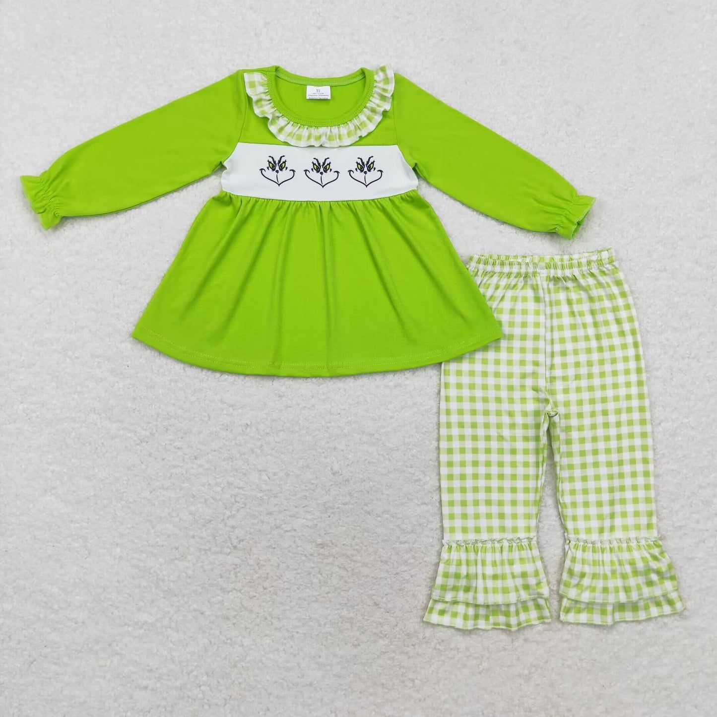 rts no moq GLP1399 Grinch smiley face green plaid lace long-sleeved trousers set