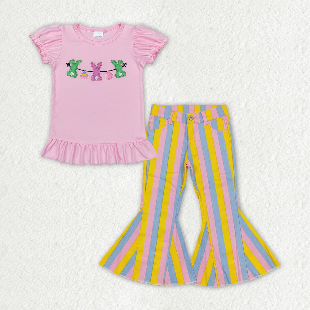 GT0391 +P0332 Embroidery Easter Egg Rabbit Pink Lantern Sleeve Short Sleeve Top Pink blue and yellow striped denim jeans