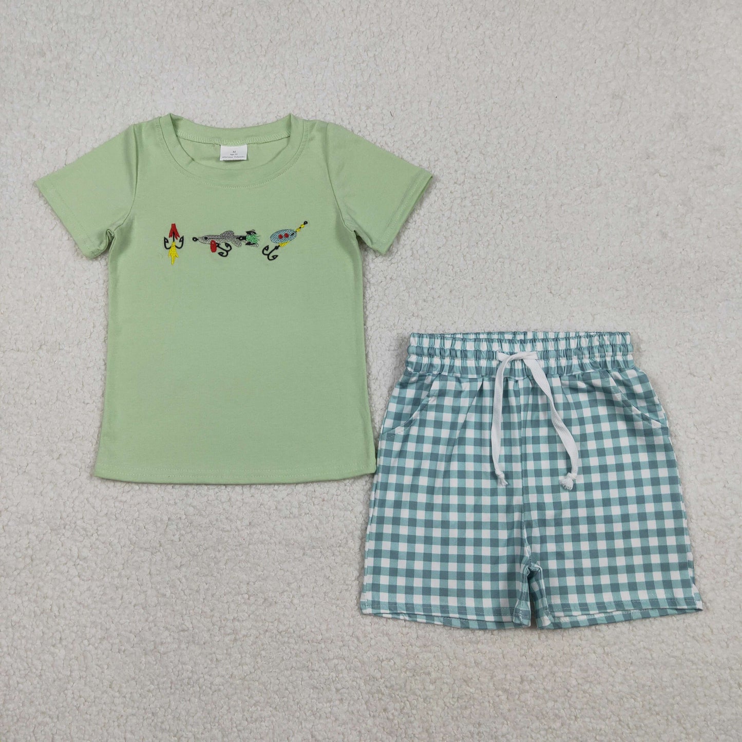 RTS NO MOQ（In Stock) Embroidered Fishing Bait Green Short-Sleeved Check Shorts Set