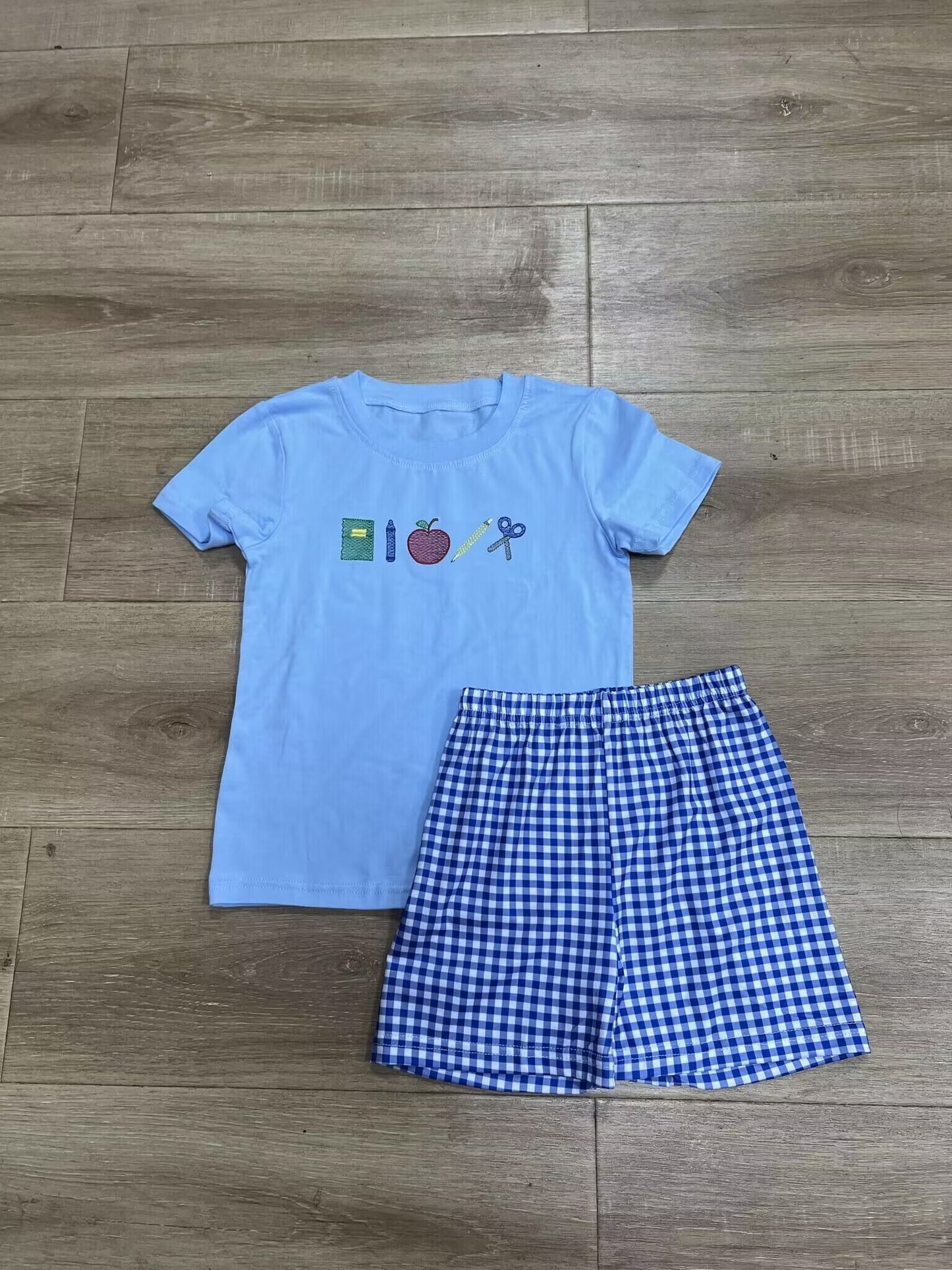 custom moq 5 eta 4-5 weeks baby boys clothes apple blue short sleeve striepd shorts summer outfit