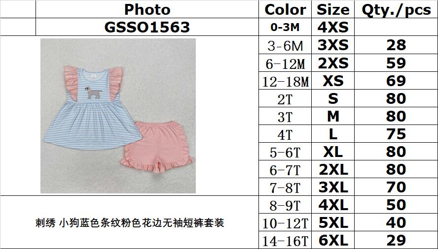 RTS NO MOQ ETA 5/7days Arrived GSSO1563 Embroidered puppy blue stripes pink lace sleeveless shorts set