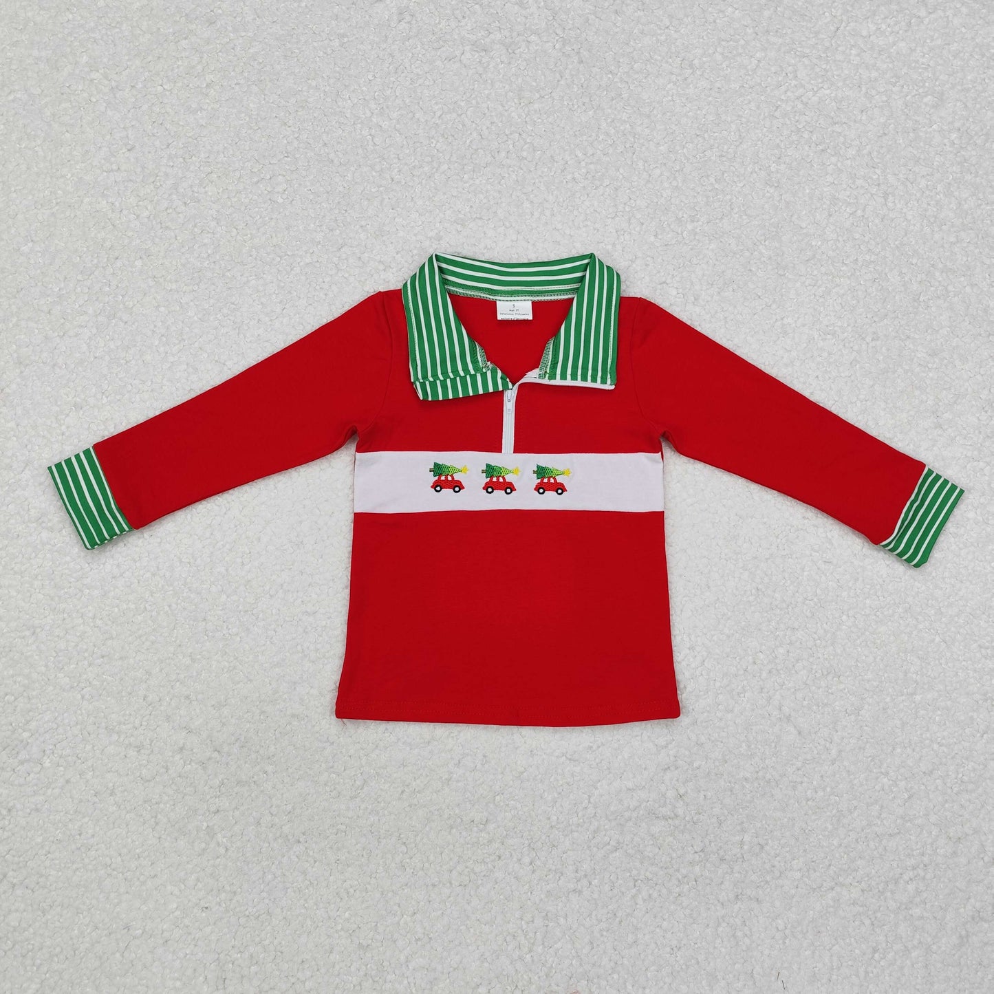 RTS NO MOQ ETA 5/7days arrived BT0930 Embroidered Christmas tree car green stripes green collar red zipper long sleeve top