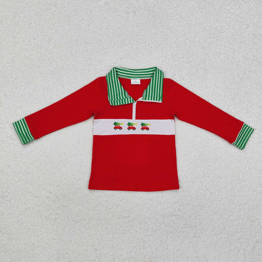 RTS NO MOQ ETA 5/7days arrived BT0930 Embroidered Christmas tree car green stripes green collar red zipper long sleeve top