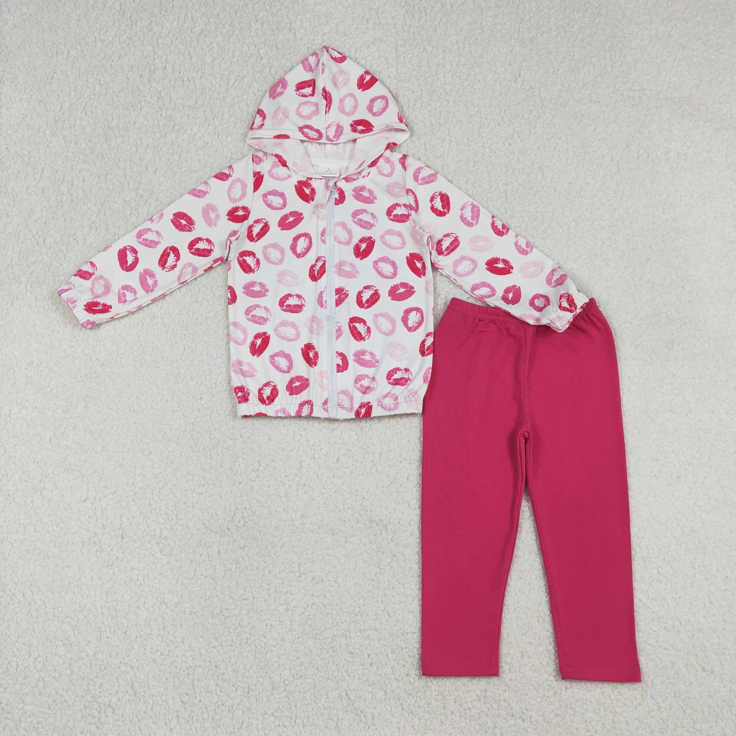 RTS NO MOQ（In Stock) White hooded long-sleeved top with lipstick print Solid color fuchsia trousers set-GLP3287