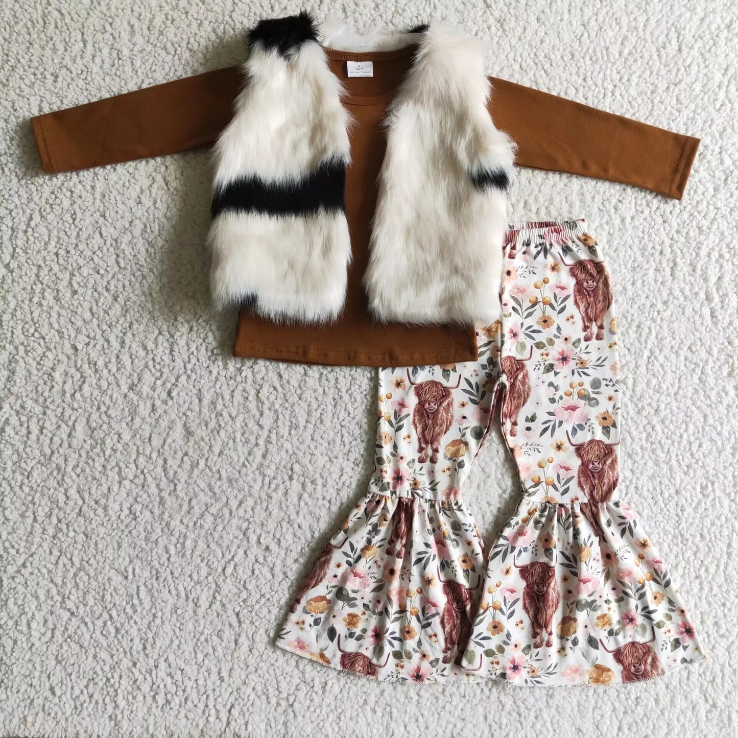 6 A21-13 Cow flower plush vest jacket+GLP0277 Girls Brown Long Sleeve Alpine Gloria Trouser Set