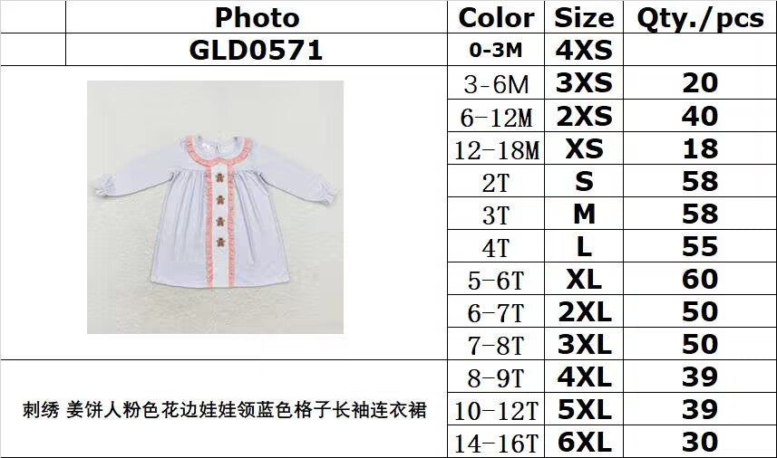 rts no moq GLD0571 Embroidered gingerbread man pink lace doll collar blue plaid long-sleeved dress