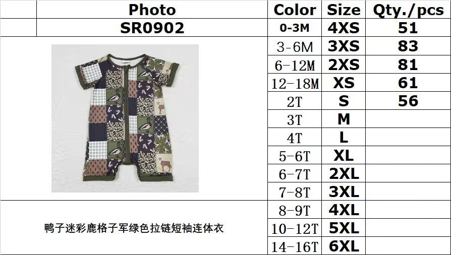 SR0902 Duck Camouflage Deer Plaid Military Green Zip Short Sleeve Jumpsuit