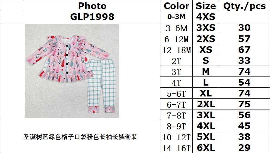 RTS NO MOQ ETA 5/7days Arrived GLP1998 Christmas tree blue green plaid pocket pink long sleeve pants set