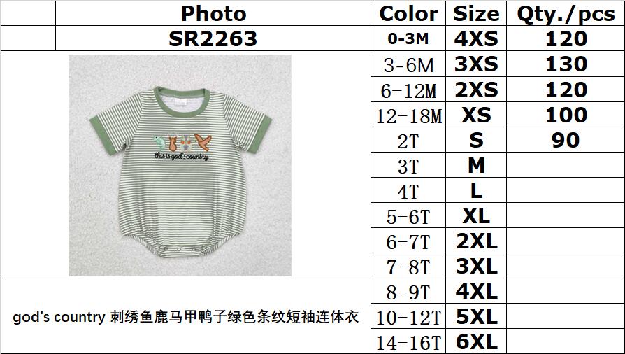 RTS NO MOQ ETA 5/7days arrived SR2263 god's country embroidered fish deer vest duck green striped short-sleeved jumpsuit