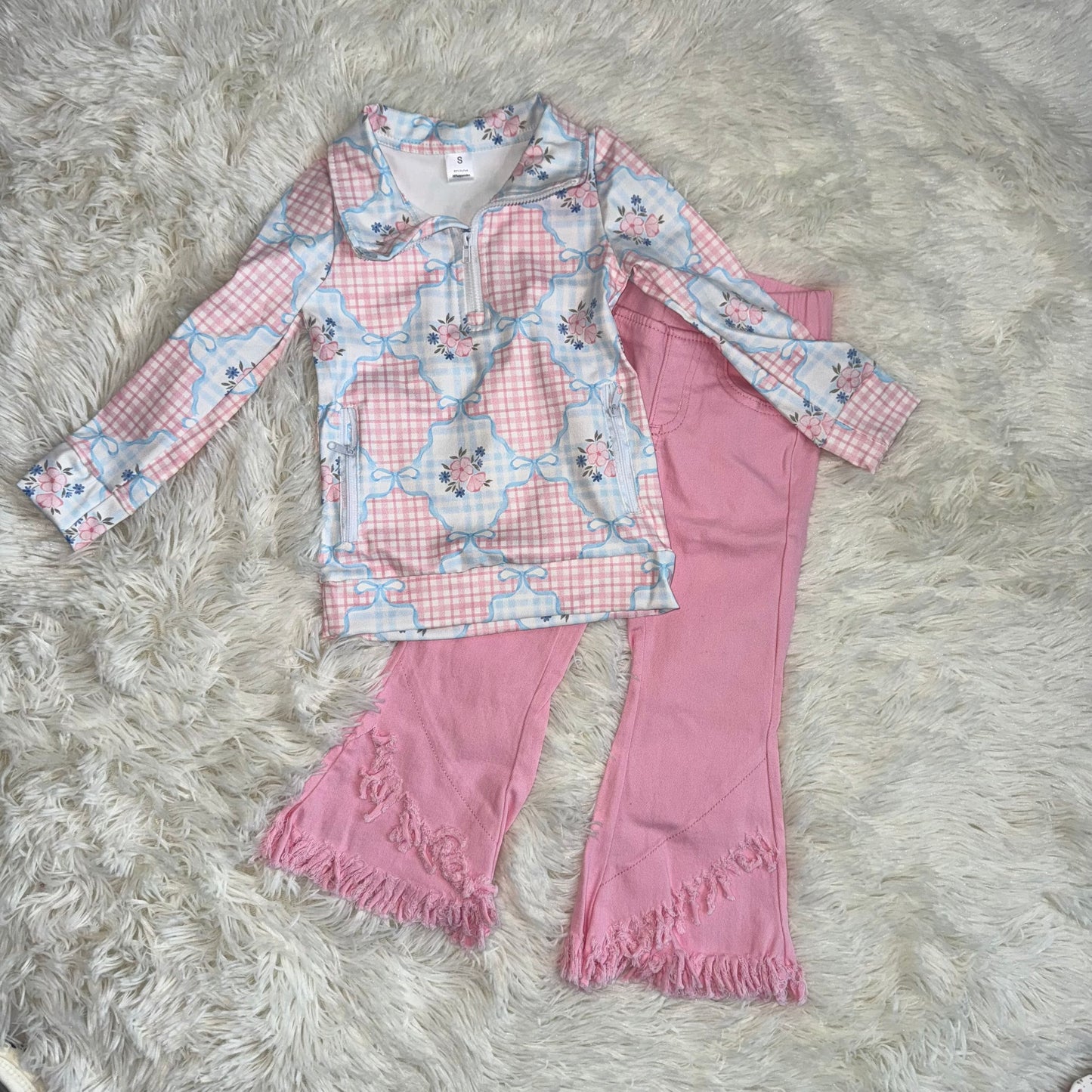 RTS NO MOQ（In Stock) GT1062+P0463 yoga floral zipper long sleeve top Pink tassel elastic waist denim pants sets