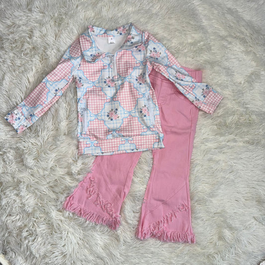 RTS NO MOQ（In Stock) GT1062+P0463 yoga floral zipper long sleeve top Pink tassel elastic waist denim pants sets