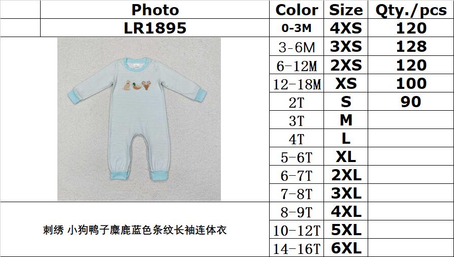 RTS NO MOQ ETA 5/7days arrived LR1895 Embroidery Puppy Duck Elk Blue Stripe Long Sleeve Bodysuit