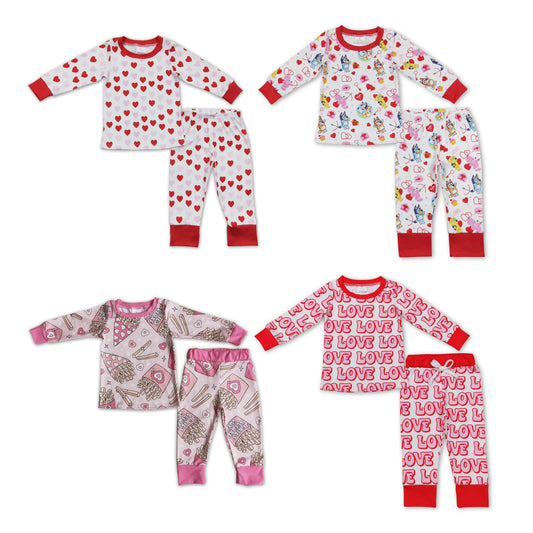 RTS NO MOQ Baby Girls Pink Valentine's Day Heart Pattern Long Sleeve Long Pants Pajama Set