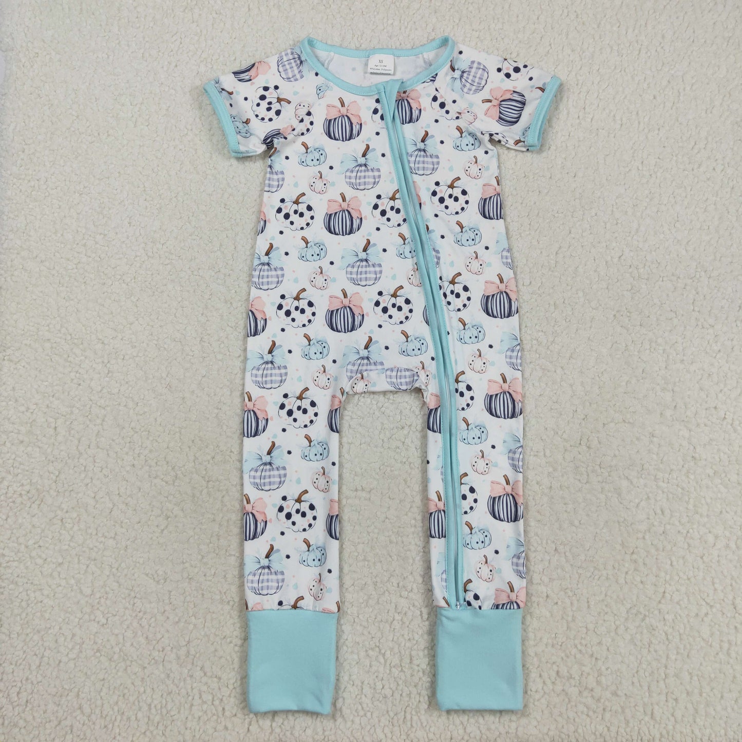 RTS NO MOQ（In Stock) SR3109 Blue and white short-sleeved zip-up bodysuit with a pumpkin bow pattern