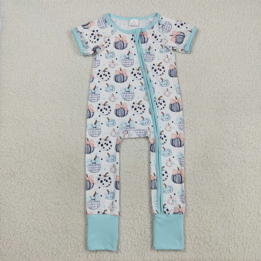 RTS NO MOQ（In Stock) SR3109 Blue and white short-sleeved zip-up bodysuit with a pumpkin bow pattern