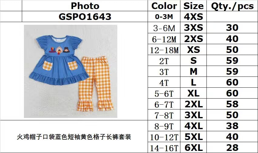 RTS no moq GSPO1643 Turkey Hat Pocket Blue Short Sleeve Yellow Plaid Pants Set