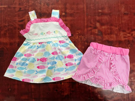 custom moq 5 eta 4-6weeks summer baby girls clothes fish suspender pink shorts sets