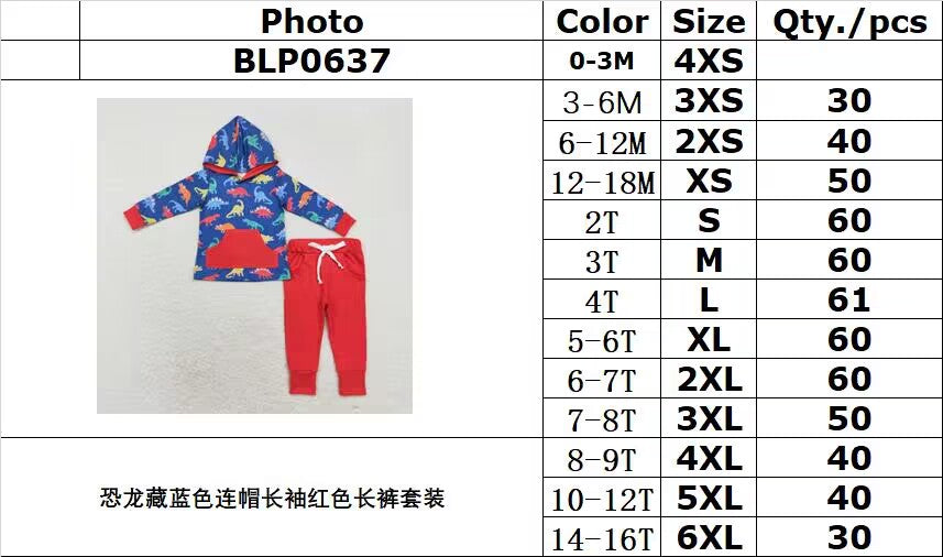 rts no moq BLP0637 Dinosaur navy blue hooded long-sleeved red trousers set