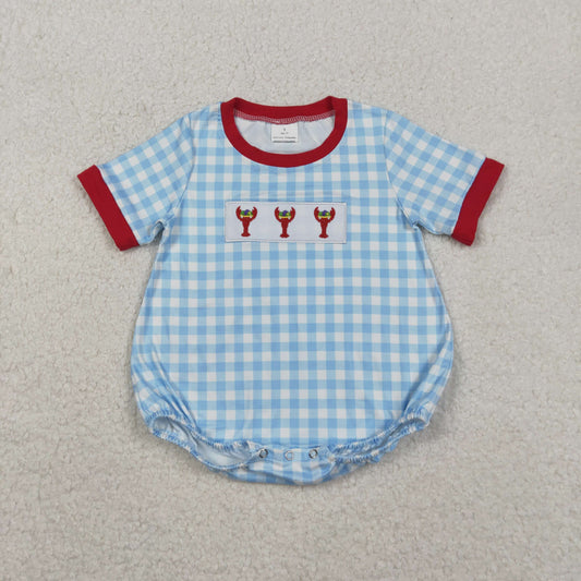 RTS NO MOQ（In Stock) SR3257 Embroidered Carnival Lobster Blue and White Plaid Short-Sleeved Onesie