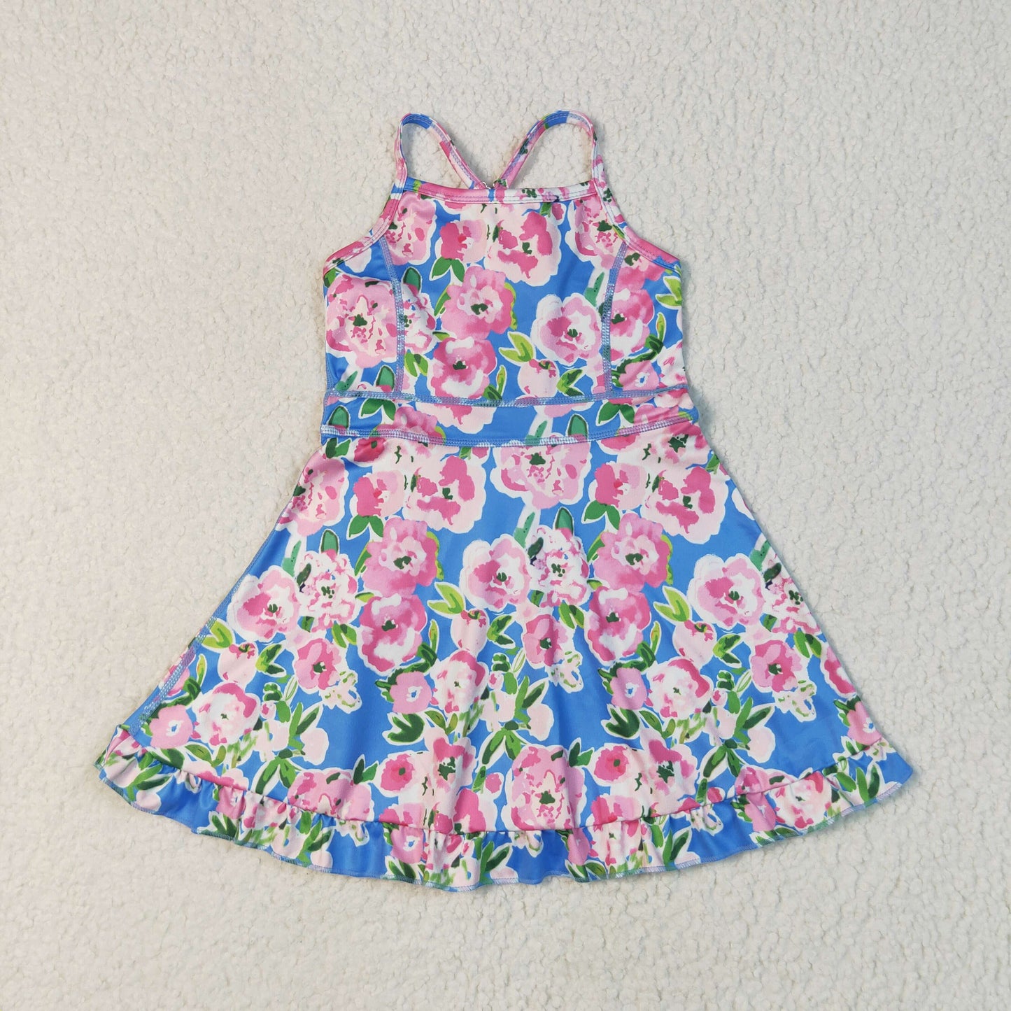 RTS NO MOQ（In Stock) GSD2284 Pink flower blue yoga sleeveless dress