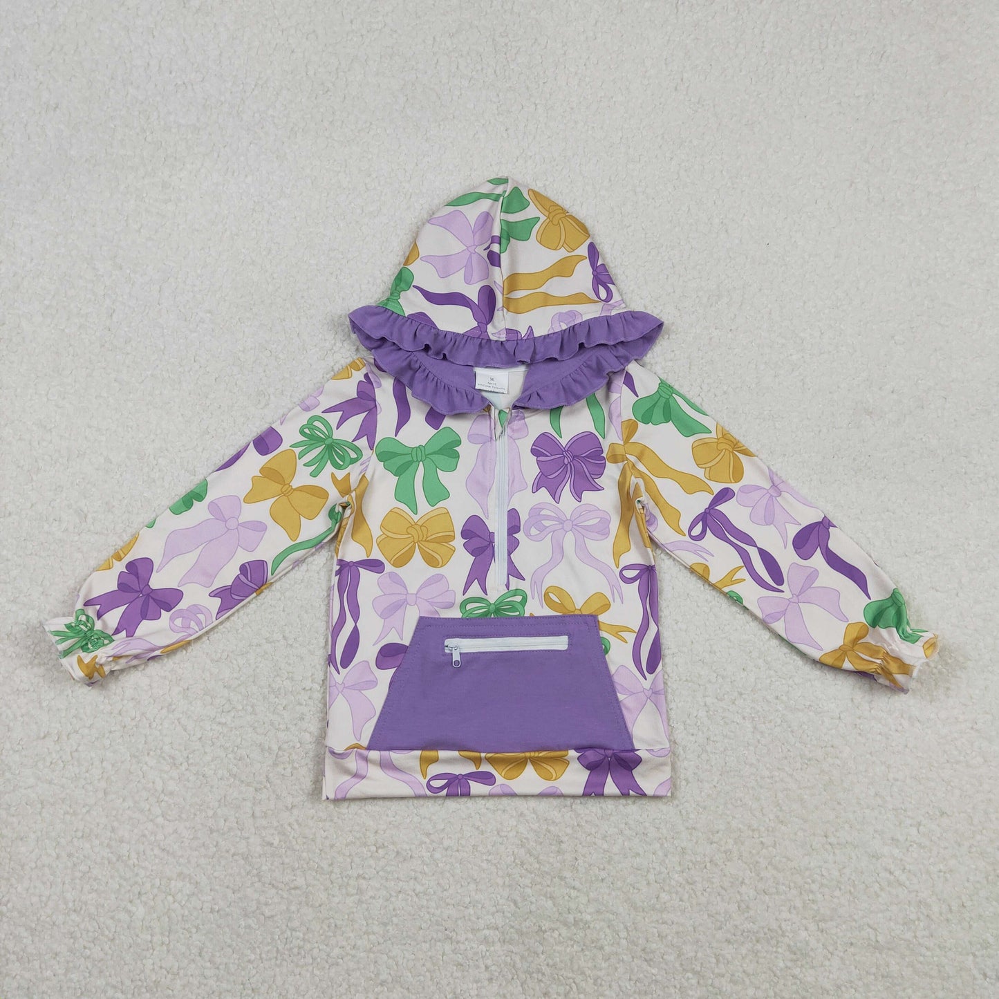 RTS NO MOQ（In Stock) GT1222 Carnival Bow Pattern Purple Zipper Pocket Lace Hooded Long-Sleeved Top