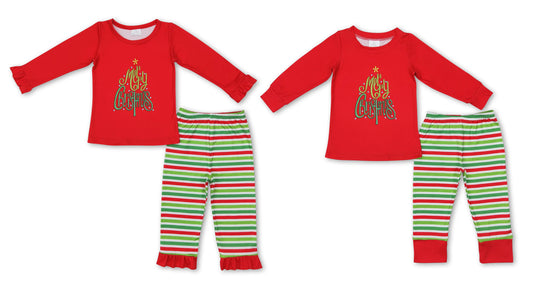 RTS NO MOQ merry christmas lace long sleeve red and green striped trousers pajama set
