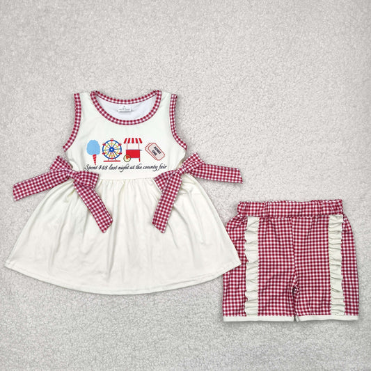 RTS NO MOQ GSSO2518 Ferris wheel letter bow beige sleeveless red plaid shorts suit