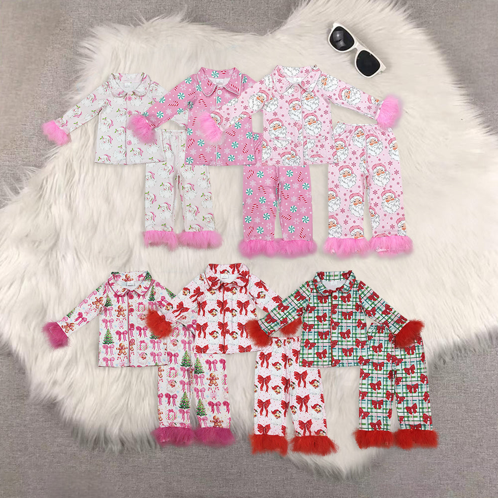 RTS NO MOQ Sibling Baby Girls clothes Christmas Plush Button Long Sleeve Long Pants Pajama Sets