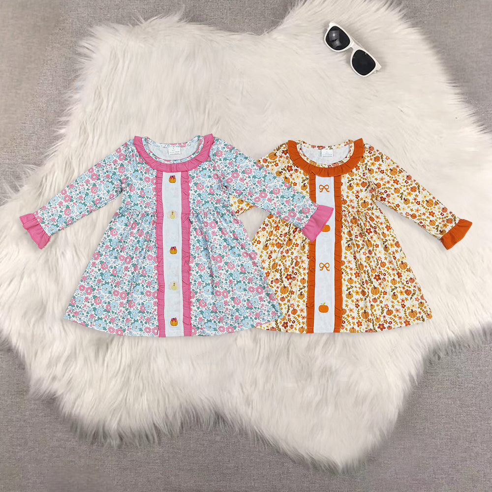 RTS Sibling baby girls clothes Summer embroidery pumpkin long Sleeve dresses