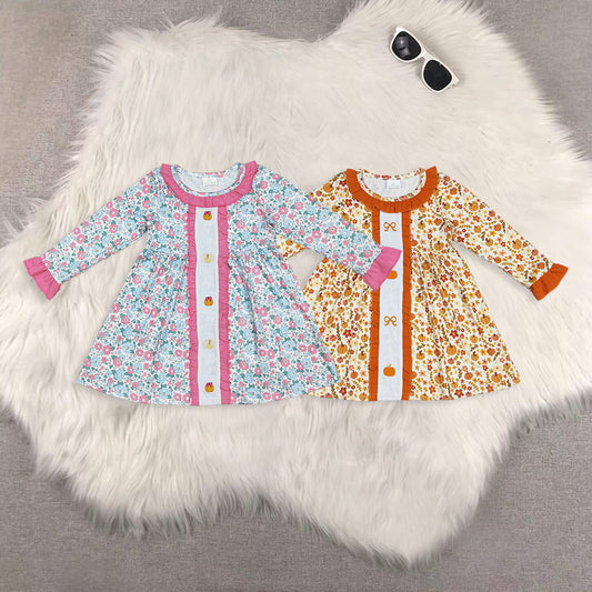 RTS Sibling baby girls clothes Summer embroidery pumpkin long Sleeve dresses