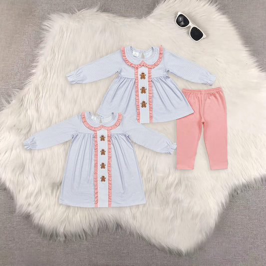 RTS NO MOQ Sibling baby girls clothes Christmas embroidery long-sleeved trousers suit & dress