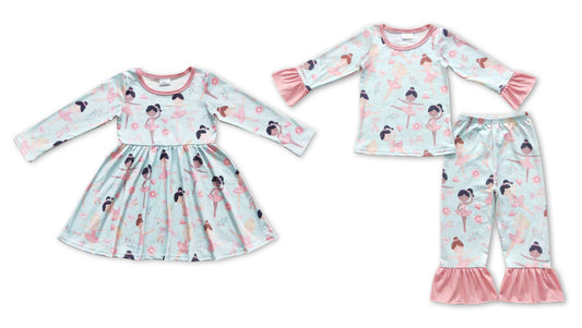 RTS NO MOQ Dancing Ballet Girl Blue Long Sleeve Dress Dancing Ballet Girl Blue sets