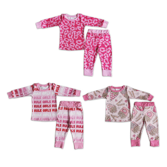 RTS NO MOQ 6A30-14 6 A29-20 6 A30-13 Valentine's Day Pink Long Sleeve Pajamas: Leopard & Letters & French Fries Print