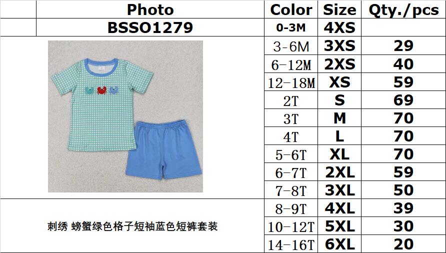 RTS NO MOQ ETA 5/7days Arrived BSSO1279 Embroidered crab green plaid short-sleeved blue shorts set