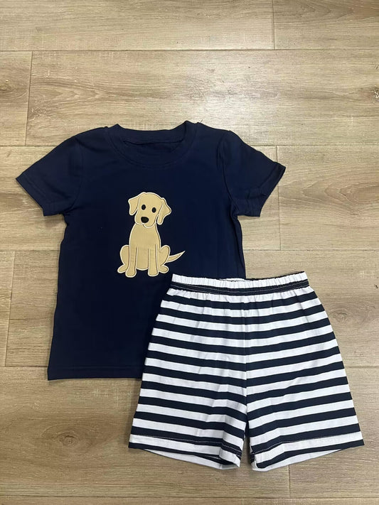 custom moq 5 eta 4-5 weeks baby boys clothes dog black short sleeve striepd shorts summer outfit