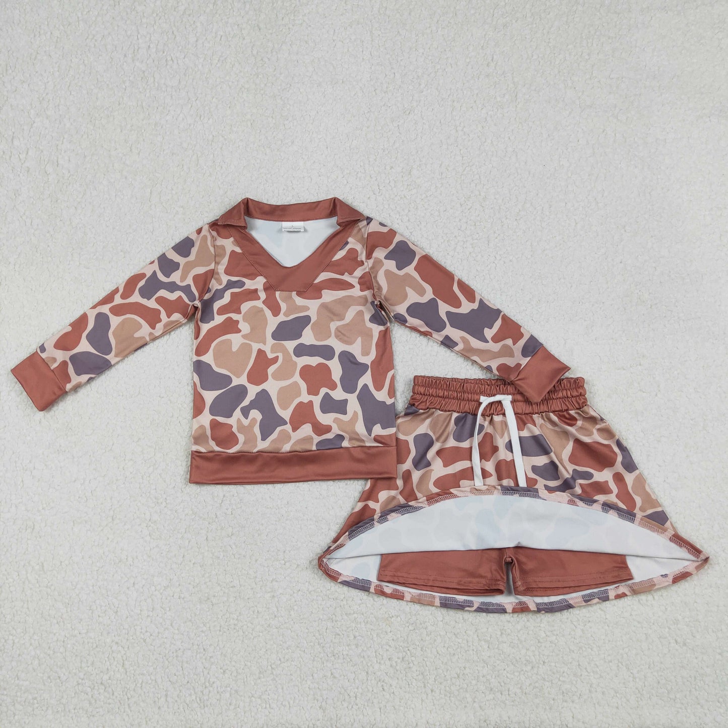 RTS NO MOQ（In Stock) Brown camouflage long-sleeved skirt set