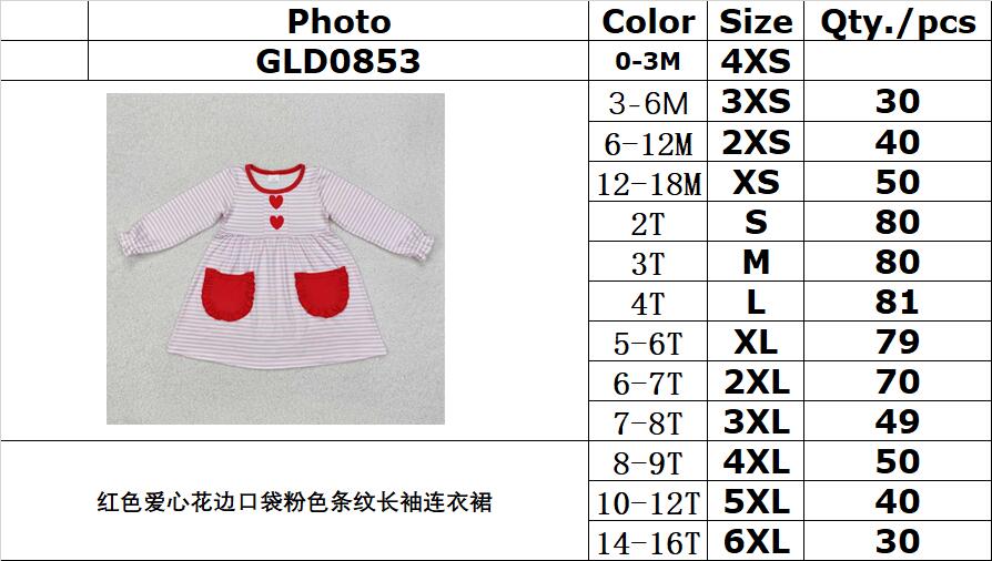 RTS NO MOQ ETA 5/7days arrived GLD0853 Red heart lace pocket pink striped long-sleeved dress