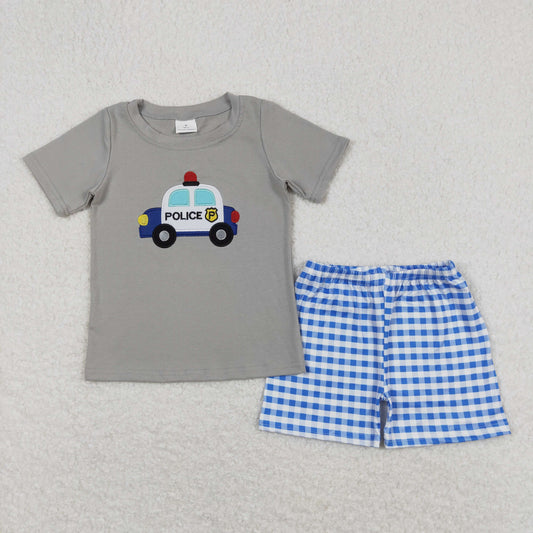RTS NO MOQ（In Stock) police embroidered police car gray short-sleeved blue and white plaid shorts suit