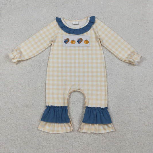 RTS NO MOQ（In Stock) LR2438 Blue embroidered turkey pumpkin lace plaid long-sleeved bodysuit