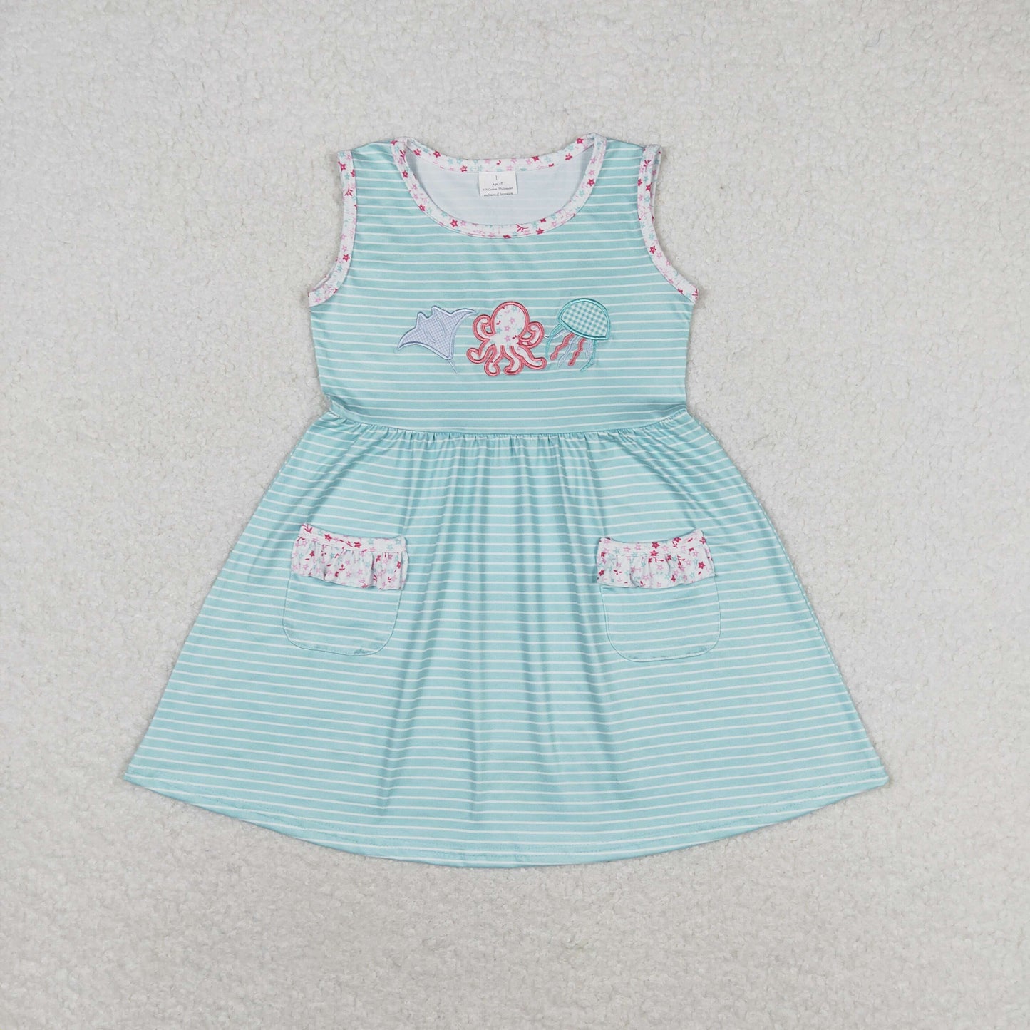 RTS no moq GSD0963 Embroidered octopus and jellyfish striped teal sleeveless dress