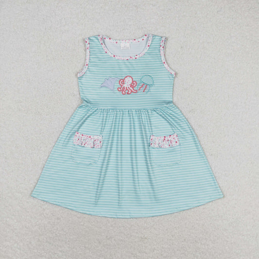 RTS no moq GSD0963 Embroidered octopus and jellyfish striped teal sleeveless dress